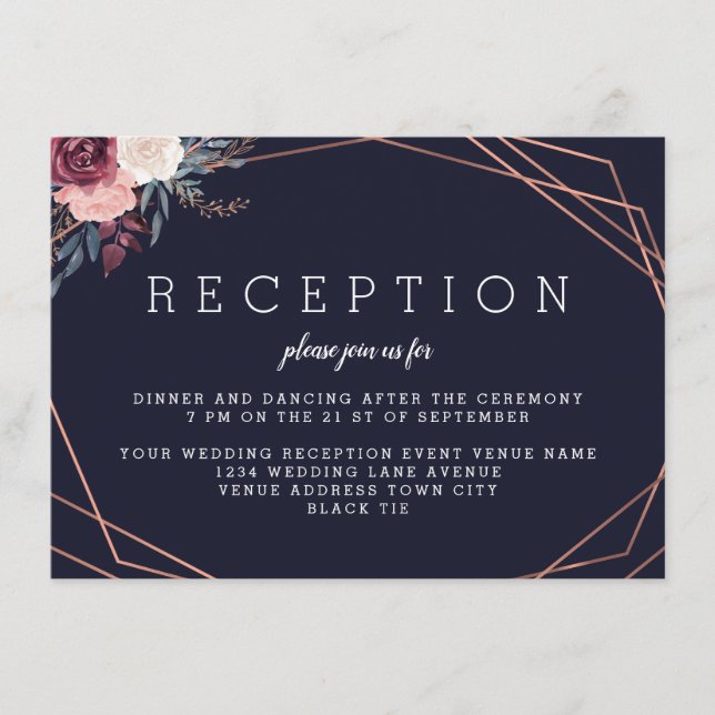 Modern Burgundy Floral Geometric Navy Reception Enclosure Card (Front)
