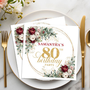 Modern Burgundy Floral Gold 80th Birthday Napkins