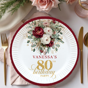 Modern Burgundy Floral Gold 80th Birthday Paper  Plate