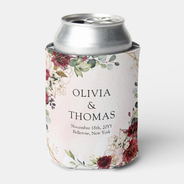 Modern burgundy floral gold geometric boho  can cooler (Can Front)
