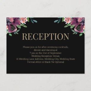 Modern Burgundy Floral Gold Monogram Reception Enclosure Card