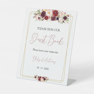 Modern Burgundy Floral Guestbook Invitation Pedestal Sign