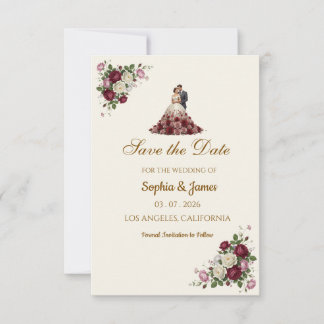 Modern Burgundy Floral Illustrated Photo Save the Date