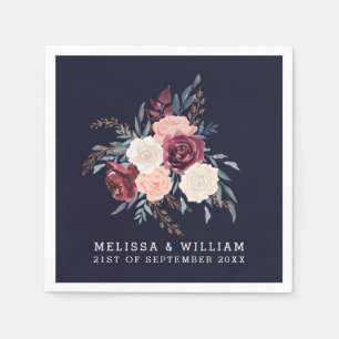 Modern Burgundy Floral Midnight Navy Wedding Napkin