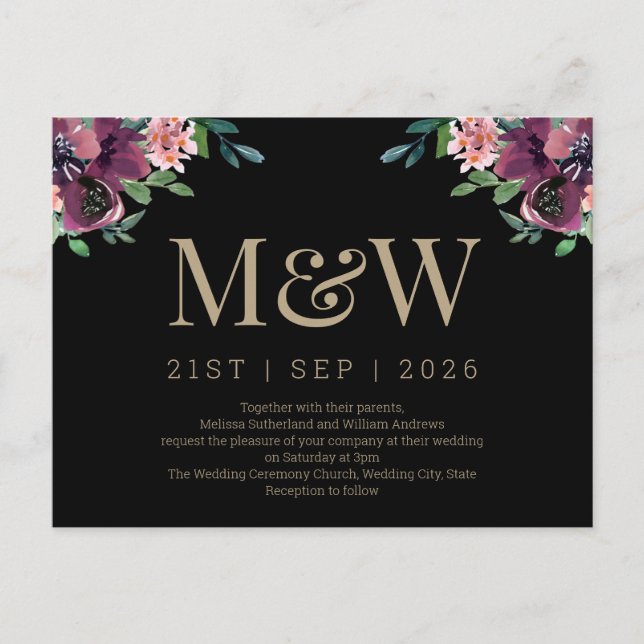 Modern Burgundy Floral Monogram Wedding Invitation Postcard (Front)
