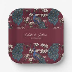 Modern Burgundy Floral Peacock Wedding Paper Plate