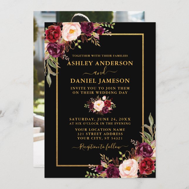 Modern Burgundy Floral Photo Black Gold Invitation (Front/Back)