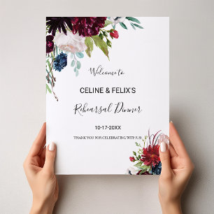 Modern Burgundy Floral Rehearsal dinner Welcome Poster