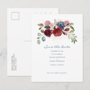 Modern Burgundy Floral Rustic Save The Date Announcement Postcard