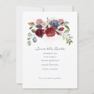 Modern Burgundy Floral Rustic Watercolor Save The Date