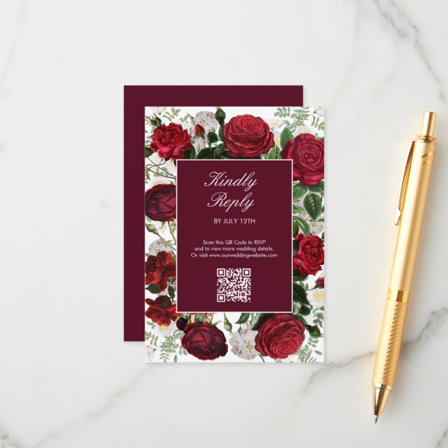 Modern Burgundy Floral Watercolor Elegant Wedding  Enclosure Card (Front/Back In Situ)