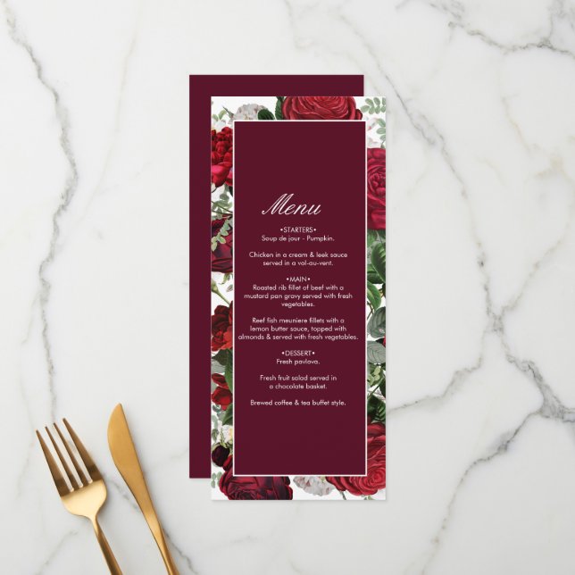 Modern Burgundy Floral Watercolor Elegant Wedding  Menu (Front/Back In Situ)