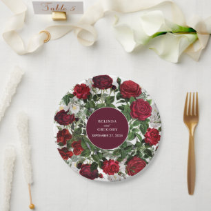Modern Burgundy Floral Watercolor Elegant Wedding  Paper Plate