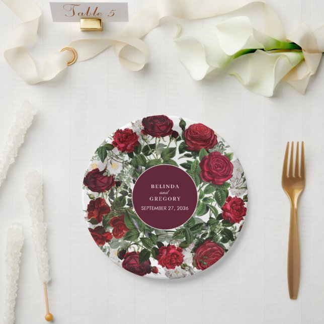 Modern Burgundy Floral Watercolor Elegant Wedding  Paper Plate (Wedding)