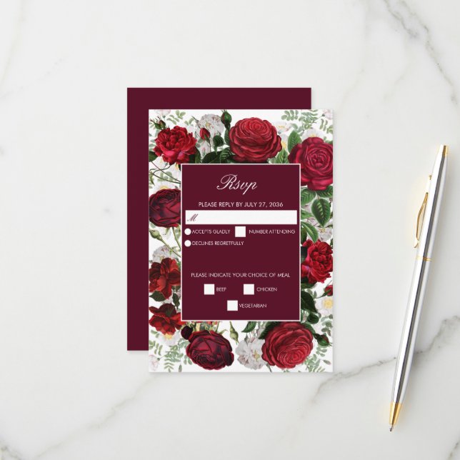 Modern Burgundy Floral Watercolor Elegant Wedding  RSVP Card (Front/Back In Situ)