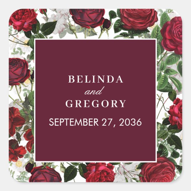 Modern Burgundy Floral Watercolor Elegant Wedding  Square Sticker (Front)