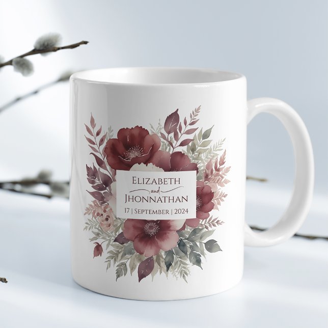 Modern Burgundy Floral Watercolor Weddings Names Coffee Mug (Creator Uploaded)