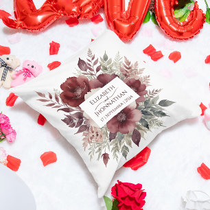 Modern Burgundy Floral Watercolor Weddings Names Cushion