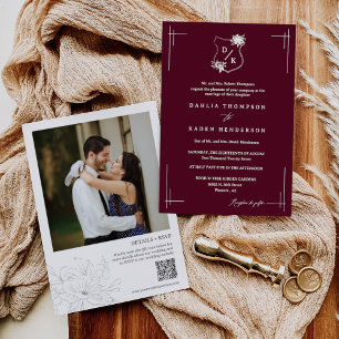Modern Burgundy Floral Wedding Crest QR Code Photo Invitation