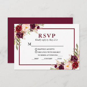 Modern Burgundy Floral Wedding Meal RSVP Card