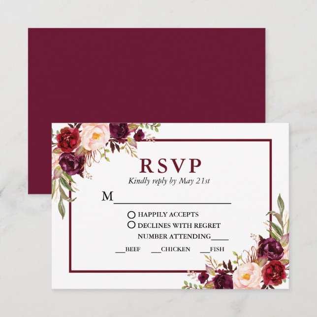 Modern Burgundy Floral Wedding Meal RSVP Card (Front/Back)