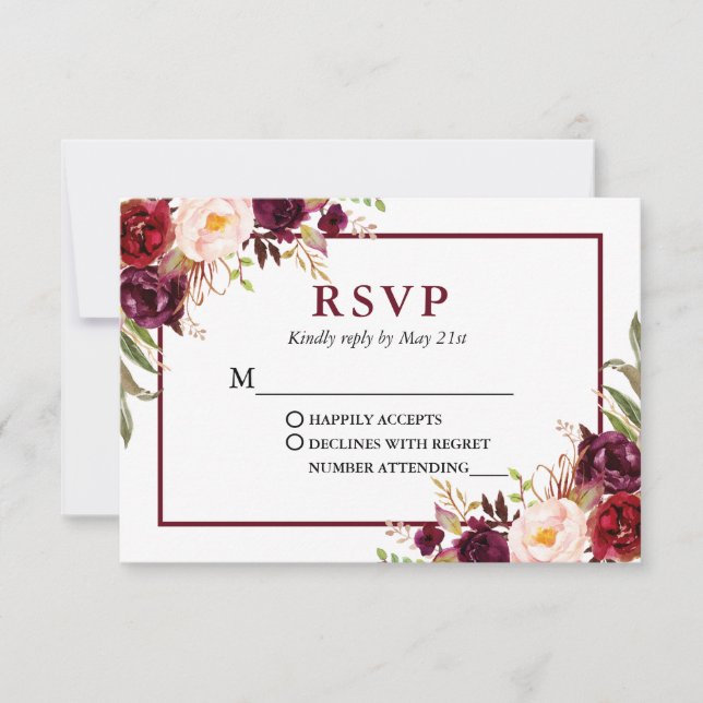 Modern Burgundy Floral Wedding RSVP Card (Front)