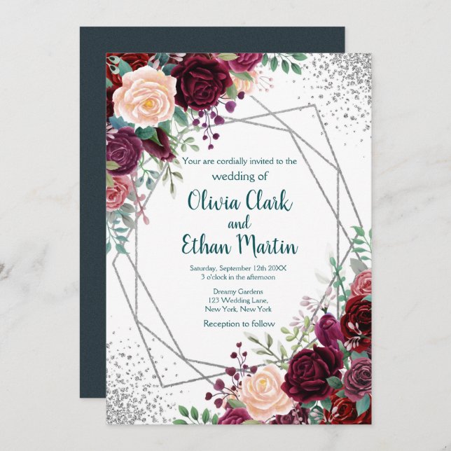 Modern Burgundy Floral with Silver Confetti Invitation (Front/Back)