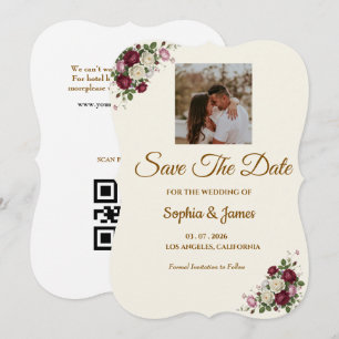 Modern Burgundy Floralm Photo Save the Date card