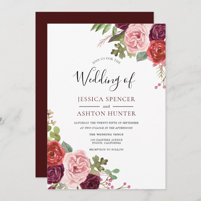 Modern Burgundy Flowers Elegant Wedding Invite (Front/Back)