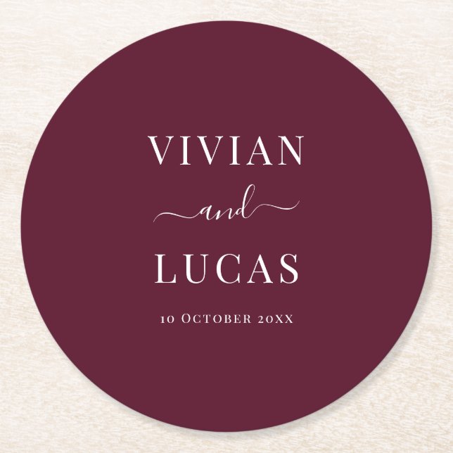 Modern Burgundy Formal Minimal Wedding Round Paper Coaster (Front)