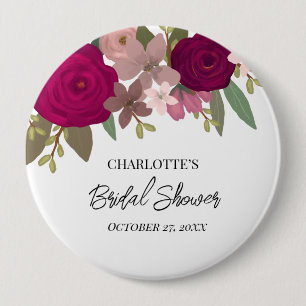 Modern Burgundy Garden Flowers Bridal Shower  10 Cm Round Badge