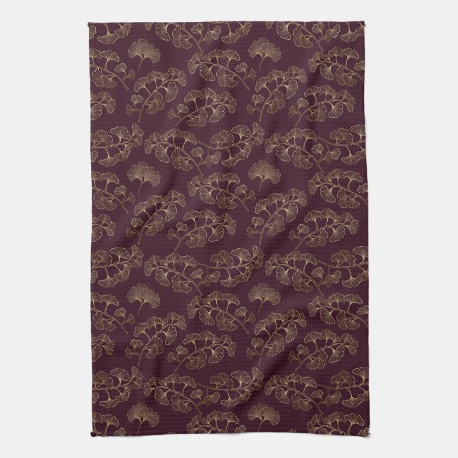 Modern Burgundy Ginkgo Pattern Tea Towel (Vertical)