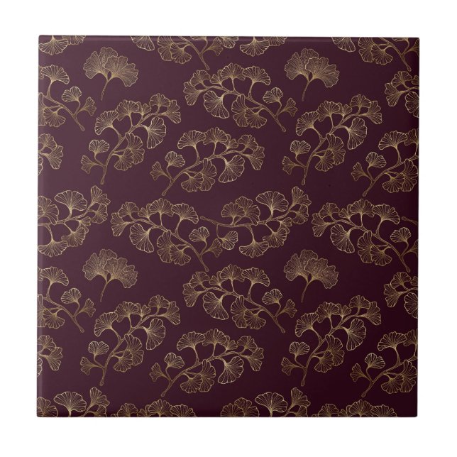 Modern Burgundy Ginkgo Pattern Tile (Front)