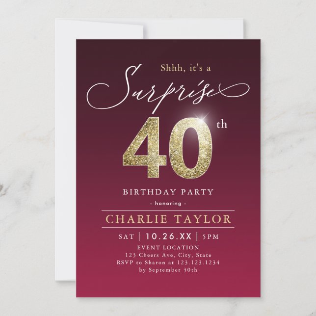 Modern burgundy gold adult surprise 40th birthday invitation (Front)