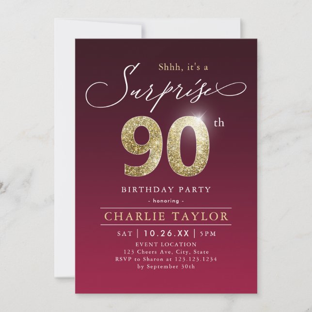 Modern burgundy gold adult surprise 90th birthday invitation (Front)