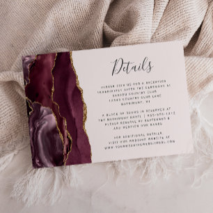 Modern Burgundy Gold Agate Blush Wedding Details Enclosure Card