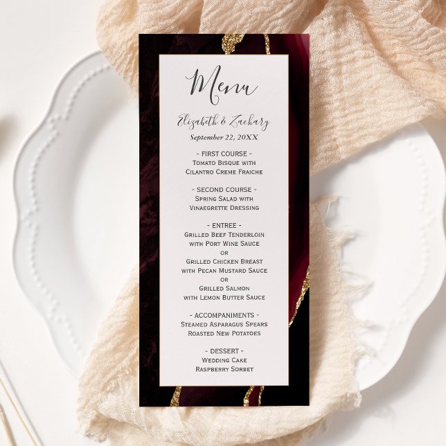 Modern Burgundy Gold Agate Blush Wedding Menu (Creator Uploaded)