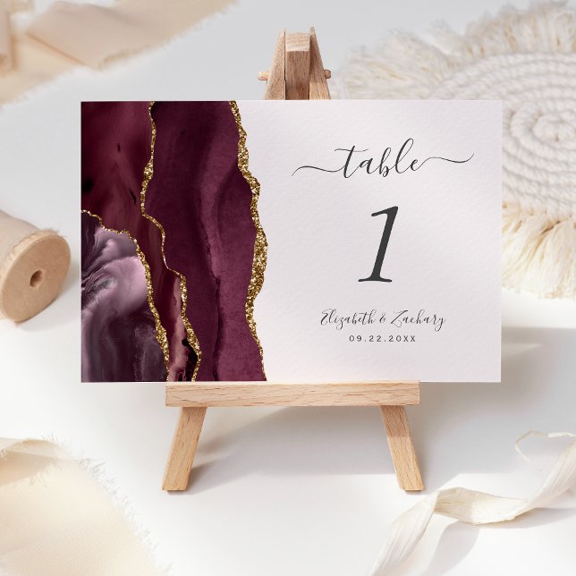 Modern Burgundy Gold Agate Blush Wedding Table Number (Creator Uploaded)