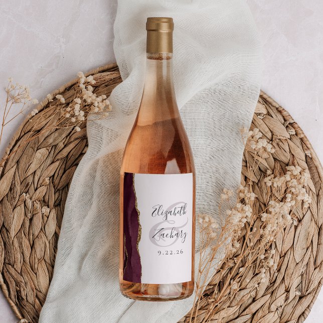 Modern Burgundy Gold Agate Blush Wedding Wine Label (Creator Uploaded)