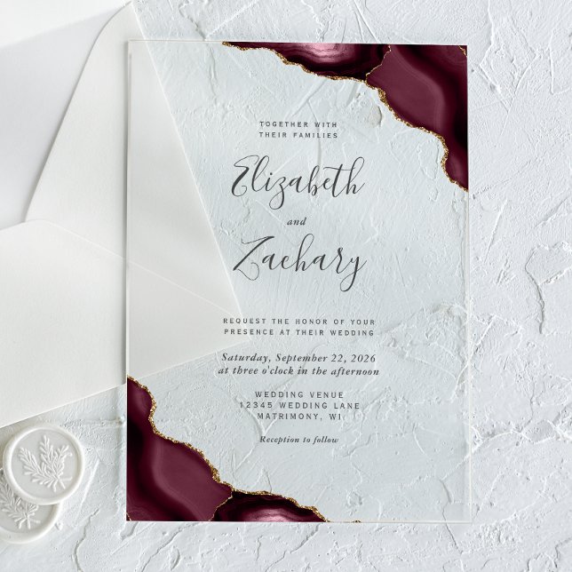 Modern Burgundy Gold Agate Corners Wedding Acrylic Invitations (Creator Uploaded)