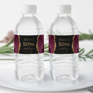 Modern Burgundy Gold Agate Dark 50th Birthday Water Bottle Label