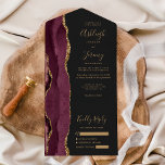 Modern Burgundy Gold Agate Dark Wedding All In One Invitation<br><div class="desc">The left-hand edge of this elegant modern all-in-one wedding invitation and RSVP features a burgundy watercolor agate border trimmed with faux gold glitter. The customisable text combines gold-coloured handwriting, copperplate and italic fonts on a slate black background. The return address appears on the outside flap and the reverse side of...</div>
