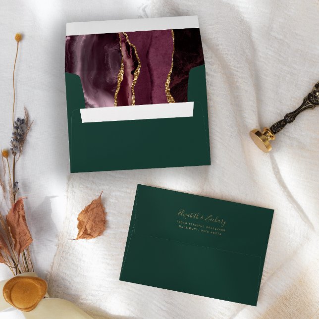 Modern Burgundy Gold Agate Green Wedding Envelope (Creator Uploaded)