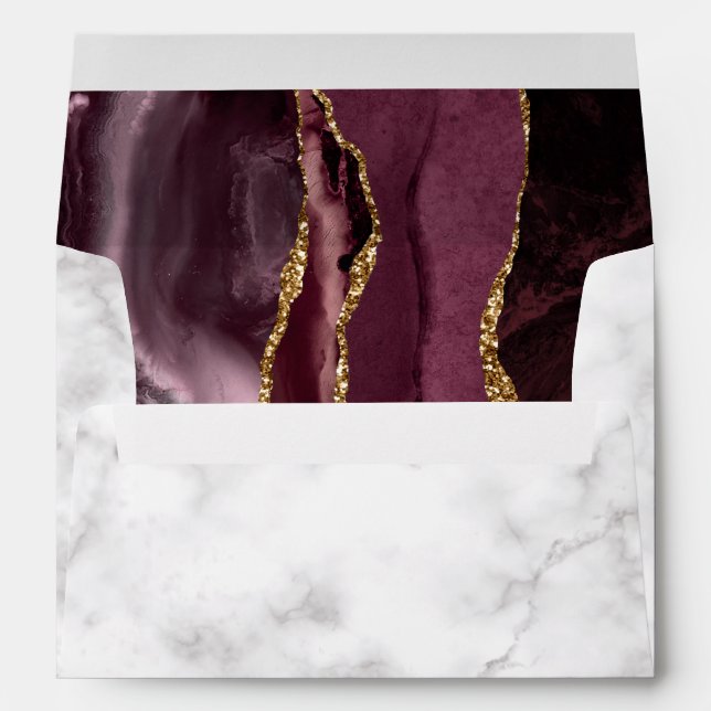 Modern Burgundy Gold Agate Marble Wedding Envelope (Back (Bottom))