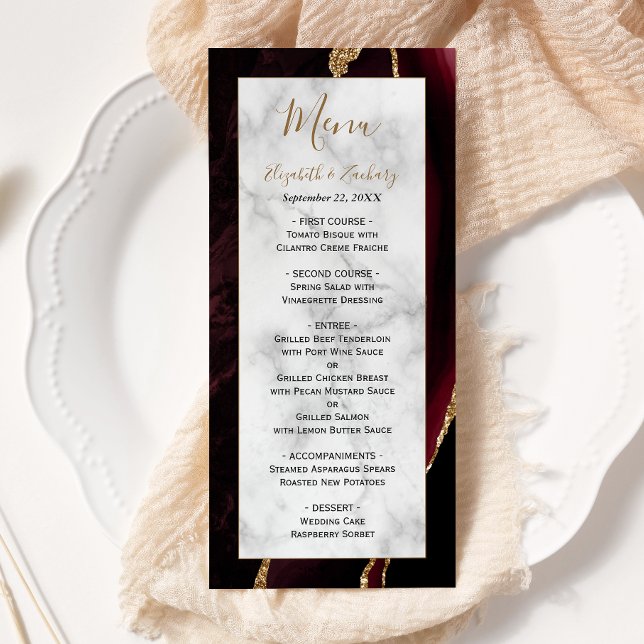Modern Burgundy Gold Agate Marble Wedding Menu (Creator Uploaded)