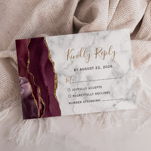 Modern Burgundy Gold Agate Marble Wedding RSVP Card (Creator Uploaded)