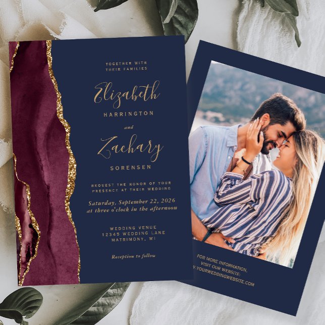 Modern Burgundy Gold Agate Navy Blue Photo Wedding Invitation (Creator Uploaded)