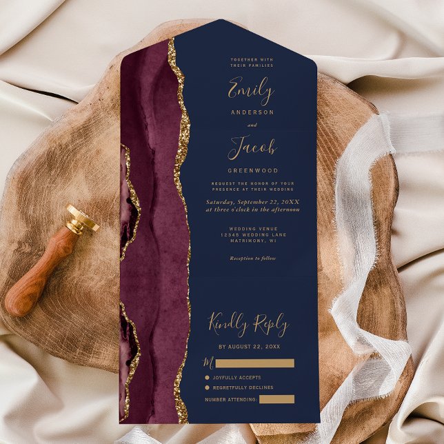 Modern Burgundy Gold Agate Navy Blue Wedding All In One Invitation (Creator Uploaded)