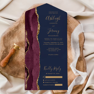 Modern Burgundy Gold Agate Navy Blue Wedding All In One Invitation