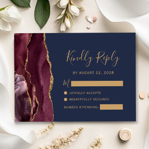 Modern Burgundy Gold Agate Navy Blue Wedding RSVP